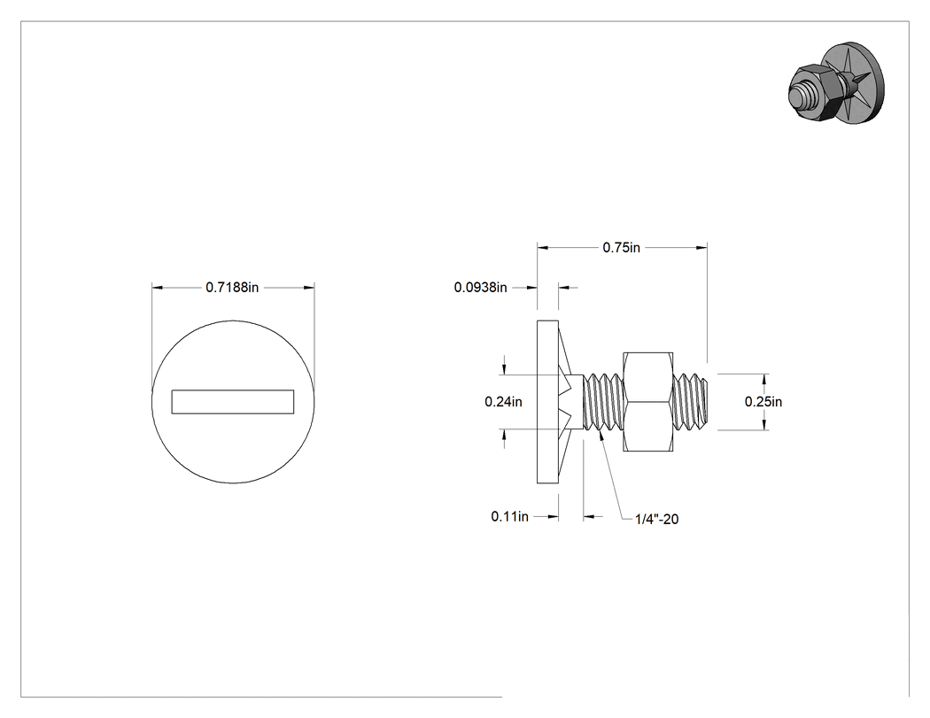 Teknik Çizim - Paslanmaz Çelik Yivli Boyunlu Asansör Cıvatası, 1/4"-20 Diş, 3/4" Uzunluk
