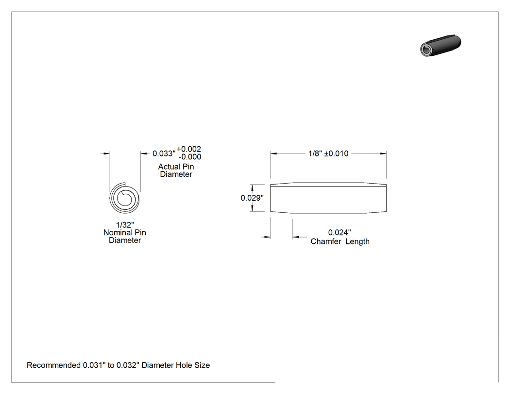 Teknik Çizim - 420 Paslanmaz Çelik Sarmal Yay Pimi, 1/32" Çap, 1/8" Uzunluk