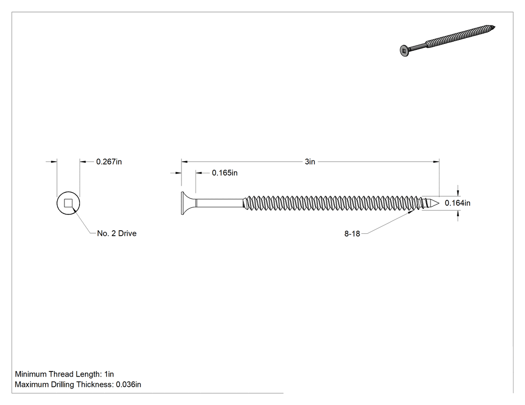 Teknik Çizim - Alçıpanı Metal Çerçeveye Birleştirmek için Kare Tahrikli Vida, Küçük Başlı, Siyah Fosfatlı Çelik, Numara 8 Boyut, 3" Uzunluk