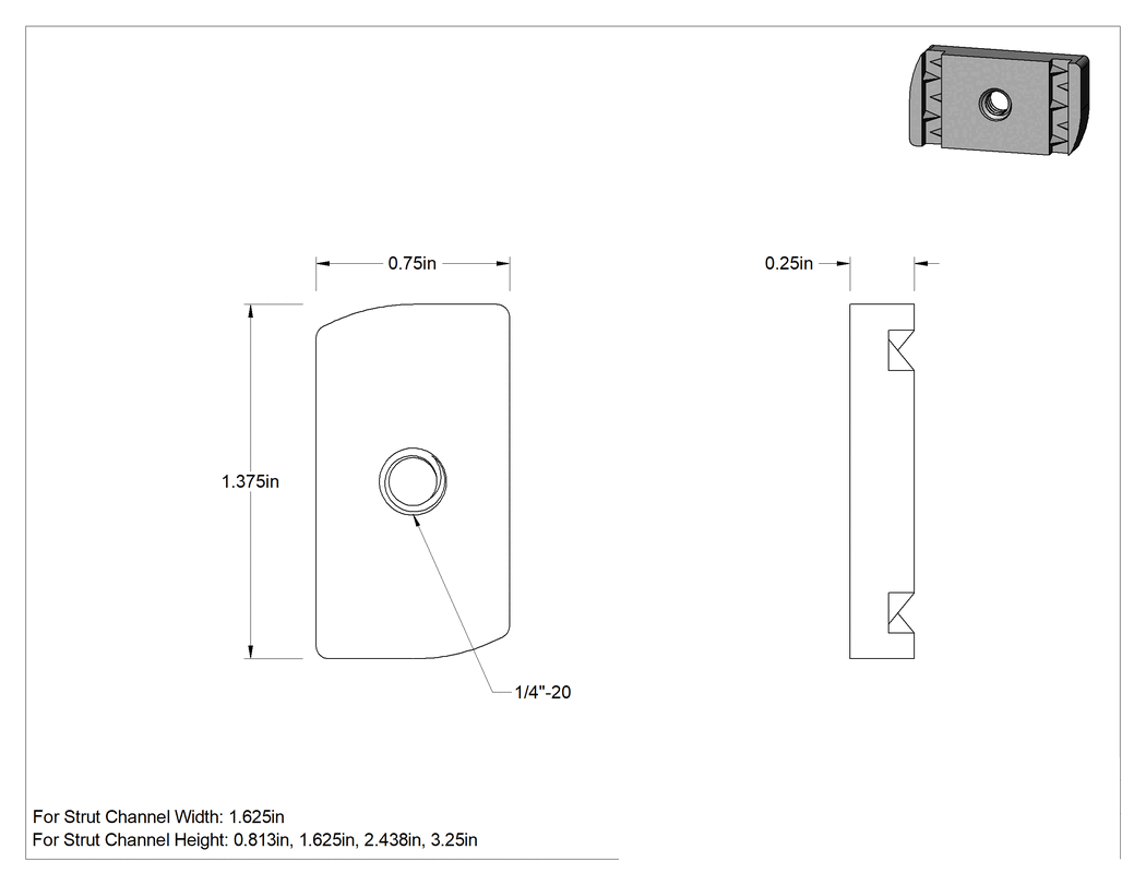 Teknik Çizim - Strut Kanal Somunu, Alüminyum, 1/4"-20 Diş Boyutu