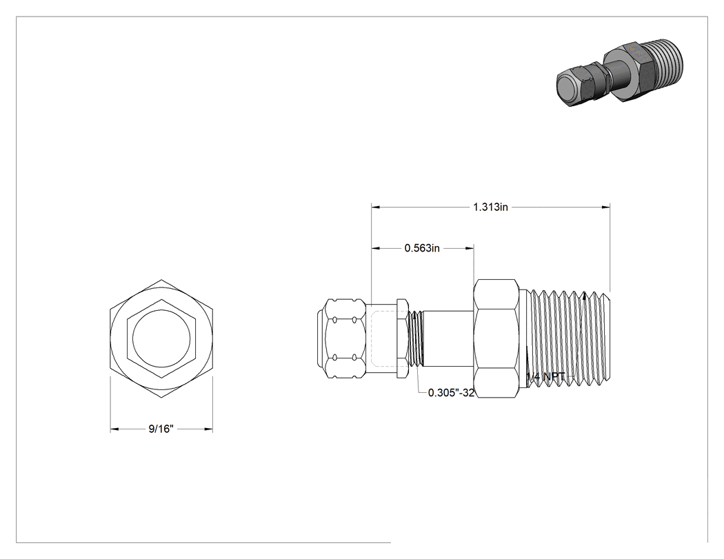 Teknik Çizim - Hava Doldurma Vanası, Pirinç, NPT x 9/16" Uzunluğunda Schrader, 4000 PSI