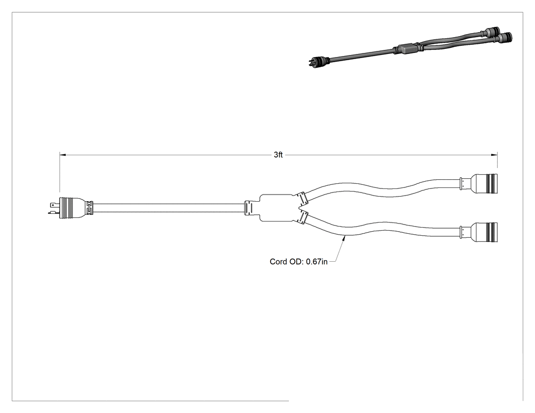 Teknik Çizim - Elektrik Kablosu Adaptörü, 2 Çıkışlı, NEMA L5-30 Fiş x NEMA L5-30 Priz