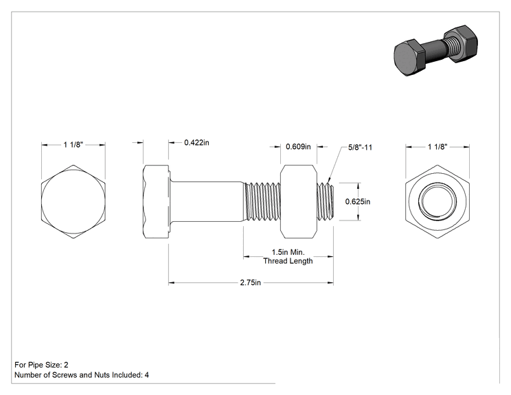 Teknik Çizim - Çelik Ağır Altıgen Vida ve Somun Kiti, Çinko Kaplama, 5/8"-11 Diş, 125/150 Sınıfı için, 2 Boru Boyutu
