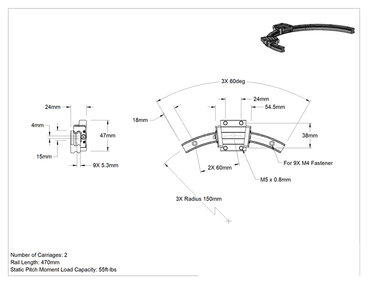 Teknik Çizim - Eğriler için Bilyalı Rulmanlı Taşıyıcı ve Kılavuz Ray, 150 mm Ray Kıvrım Yarıçapına Sahip Yarım Yuvarlak Ray, 470 mm Uzunluk