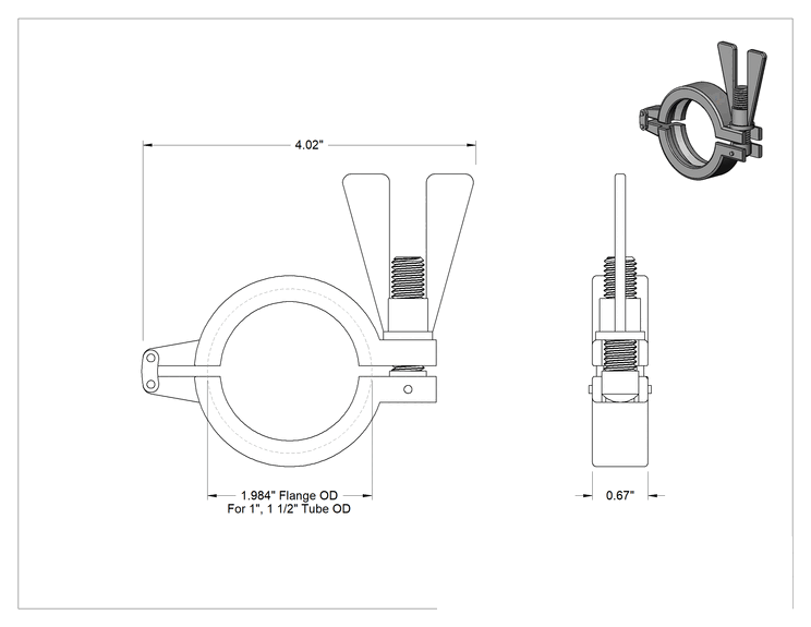Teknik Çizim - 1" için 2 Pimli Menteşe Kelepçesi, 1.25" ve 1.5" Boru Dış Çapı