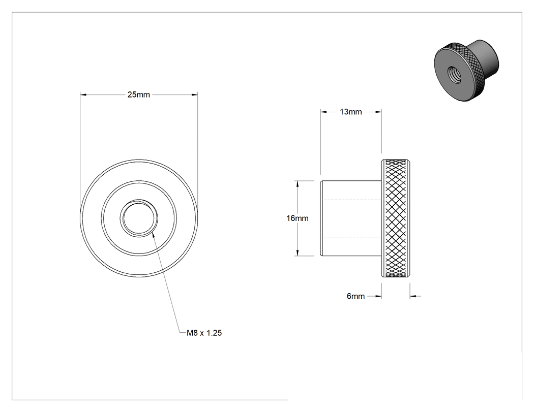 Teknik Çizim - 303 Paslanmaz Çelik Tırtıllı Düğme, M8 x 1.25 mm Dişli Delikli, 25 mm Baş Çapı