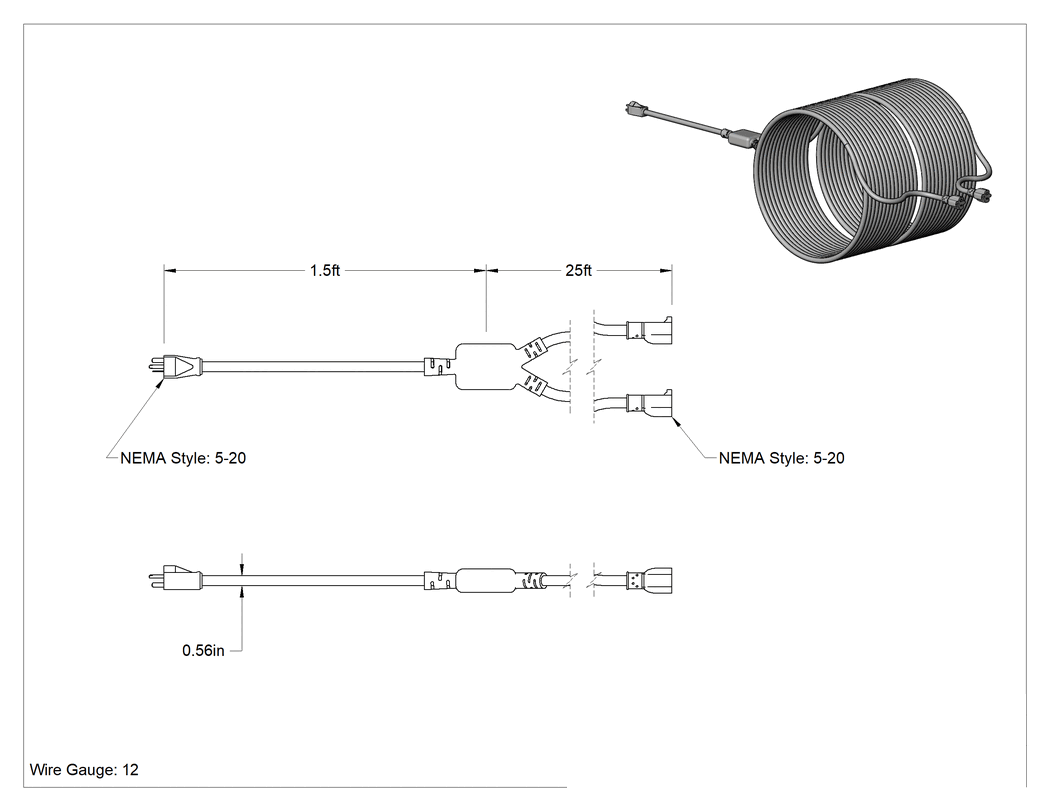 Teknik Çizim - Elektrik Kablosu Adaptörü, 2 Çıkışlı, NEMA 5-20 Fiş x NEMA 5-20 Priz, 25' Uzunluk
