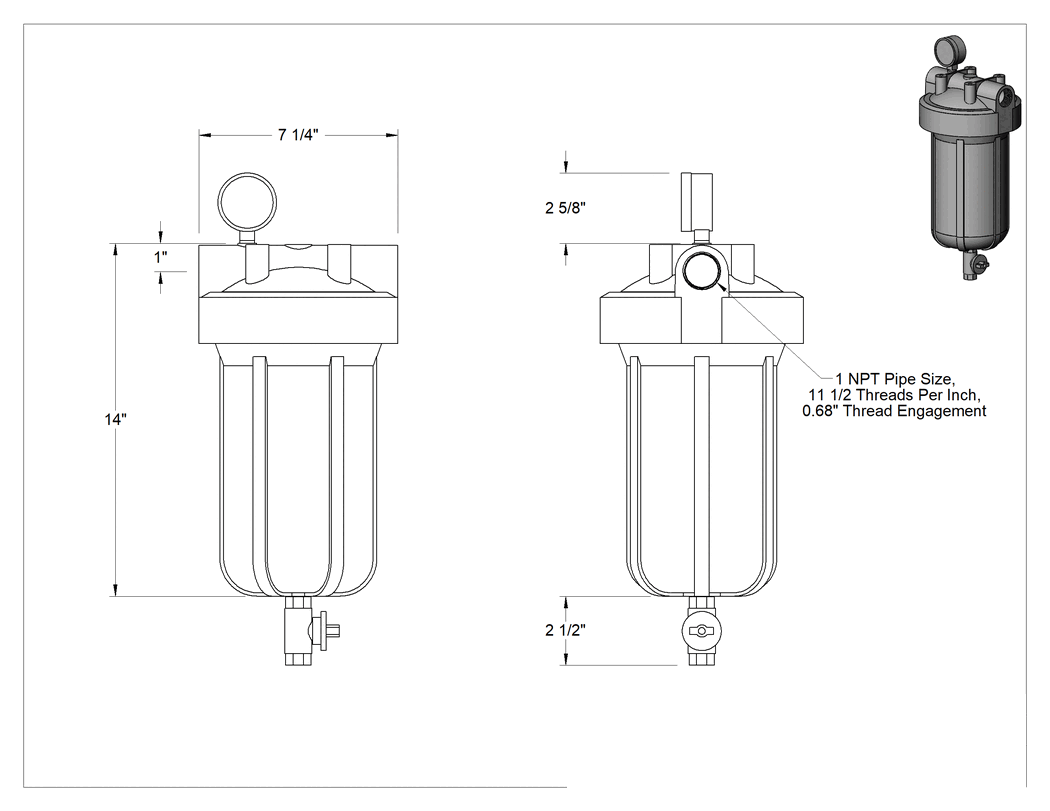Teknik Çizim - Polipropilen Filtre Torbası Muhafazası, 1 NPT, 15 gpm