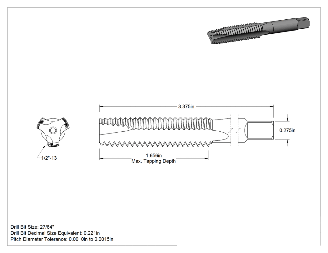 Teknik Çizim - Sol Dişli Talaş Temizleme Kılavuzu, Titanyum Nitrür Kaplı Yüksek Hızlı Çelik, 1/2"-13 Diş Boyutu