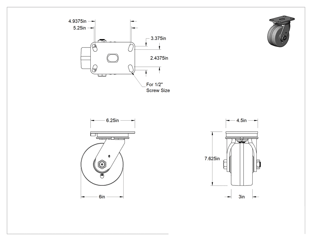 Teknik Çizim - Ekstra Yüksek Kapasiteli Viking Tekerlek, 6" Çapında Bir Adet Fenolik Tekerlekli Döner Tekerlek