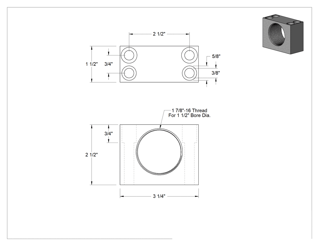 Teknik Çizim - 1-7/8"-16 Dişli Gövdeli Hidrolik Silindir için Montaj Bloğu