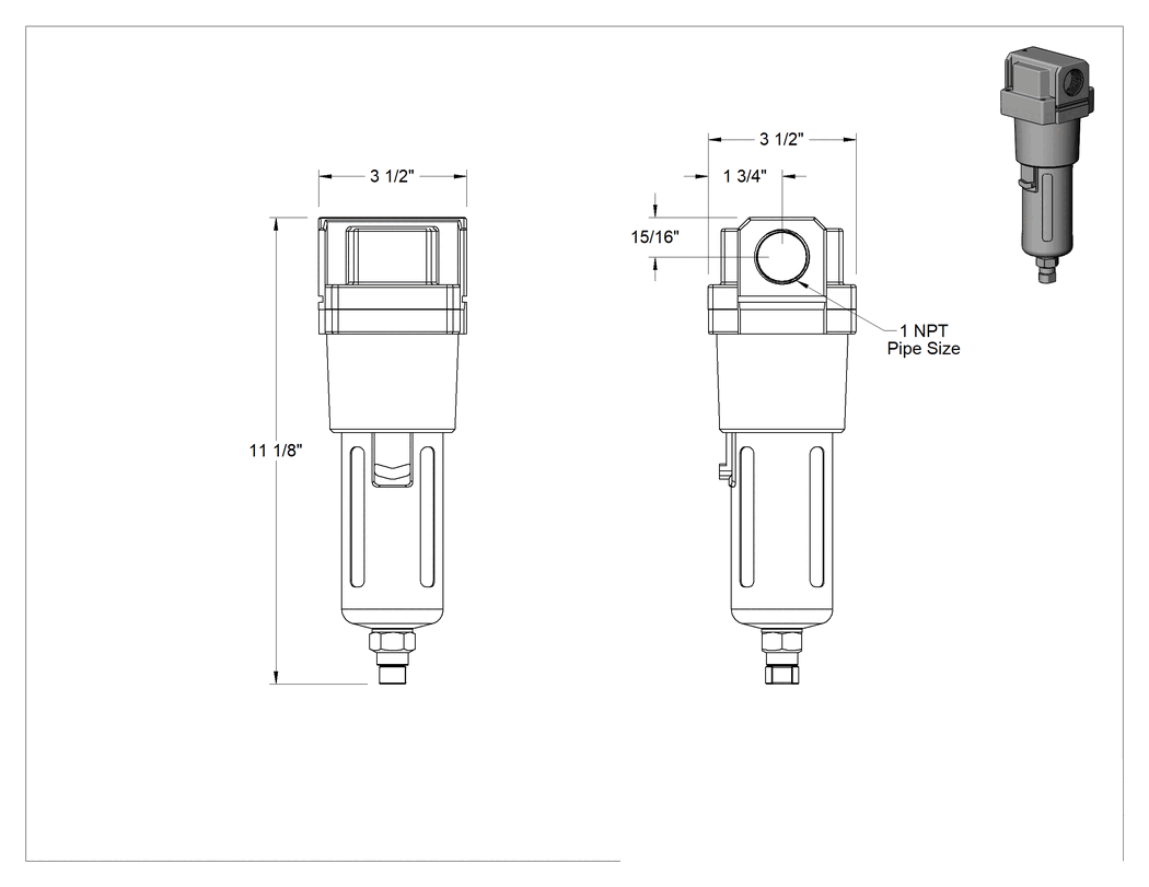 Teknik Çizim - Vakuma Dayanıklı Sıvı Ayırıcı, 1 NPT Dişi, 15 PSI'da 17.6 scfm Maksimum Akış Hızı