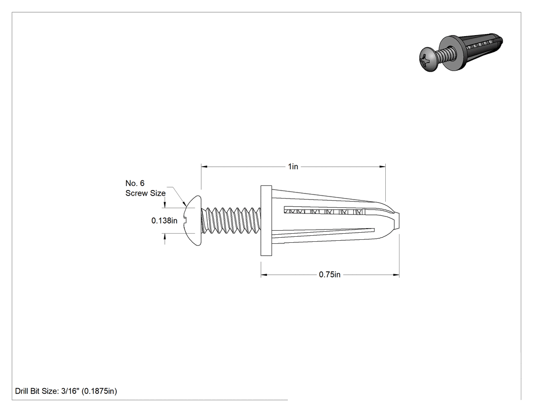 Teknik Çizim - Alçıpan için Ankrajlar, 3/4" Uzunluk, 1" Uzunlukta 6 Numaralı Yuvarlak Başlı Phillips Vida