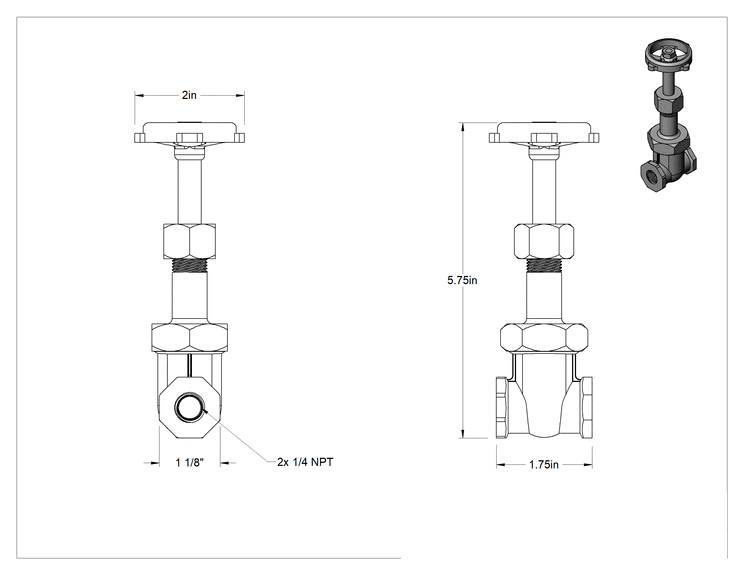 Teknik Çizim - Bronz Gövde ve Sürgülü Kademeli Açma/Kapama Vanası, Kolay Bakım, Tekerlek Kolu ve Yükselen Mil, 1/4 NPT Dişi