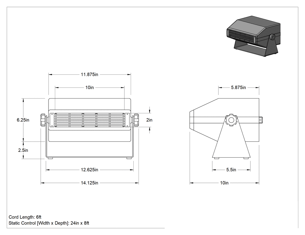 Teknik Çizim - Üfleyici İyonlaştırıcı, Filtreli, 255 CFM Hava Akışı