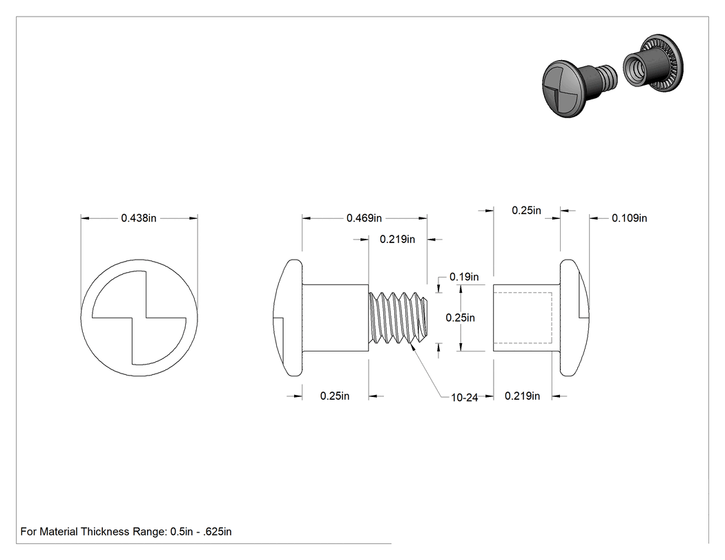 Teknik Çizim - Kurcalamaya Dayanıklı Tek Yönlü Bağlantı Silindirleri ve Vidaları, 18-8 Paslanmaz Çelik, 1/2" ila 5/8" Kalınlık için, 1/4" Uzunluğunda Namlu