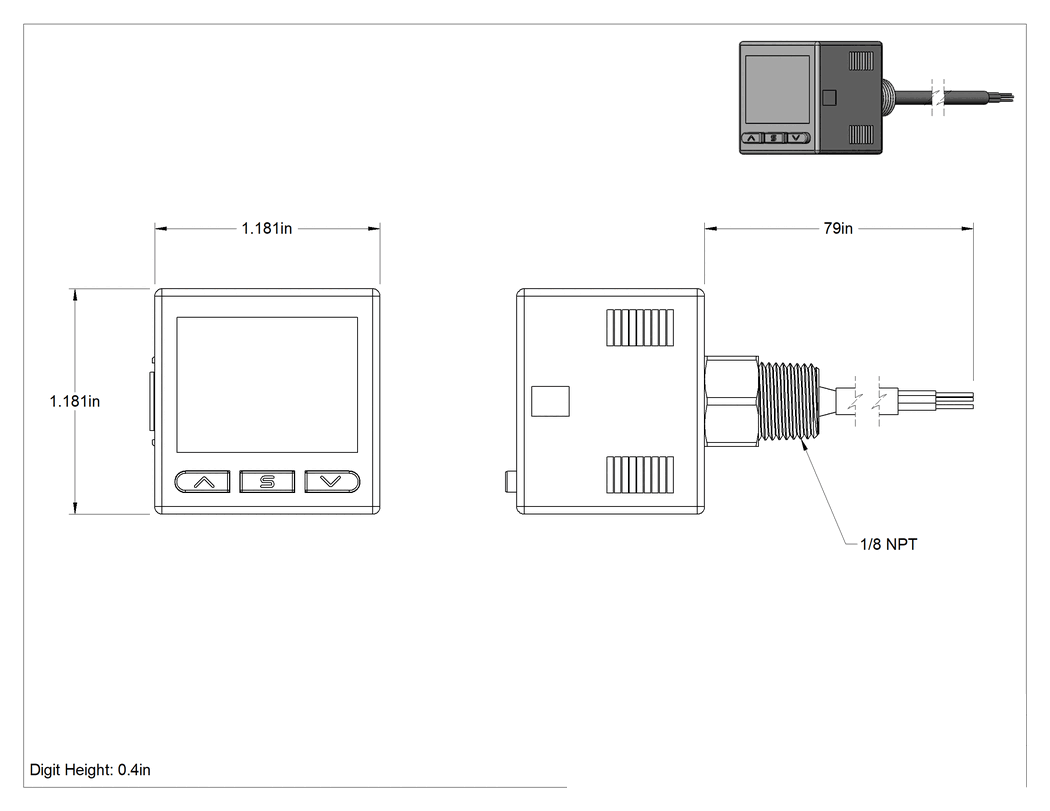 Teknik Çizim - Elektronik Basınç Şalteri, Basınçlı Hava, PNP, NPN ve Io Bağlantı Çıkışı, 1/8 NPT Erkek