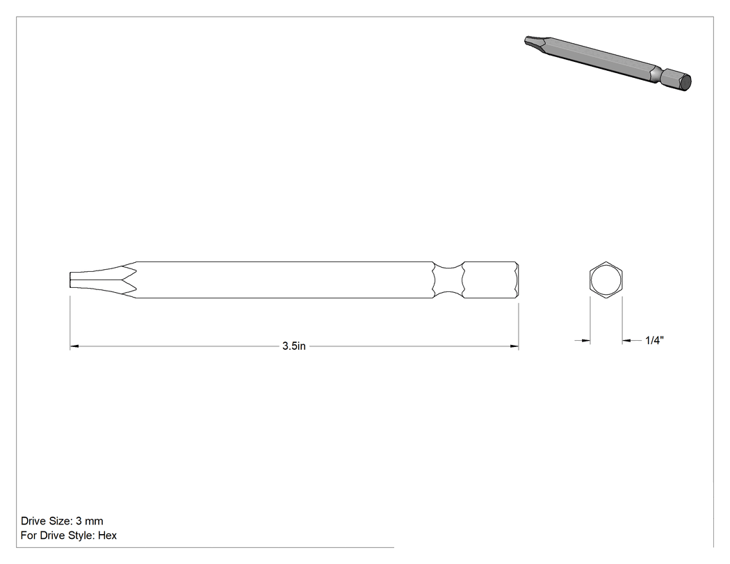 Teknik Çizim - Paslanmaz Çelik Vidalar için Altıgen Uç, Elektrikli Aletler için 1/4" Altıgen Şaft, 3 mm Boyut