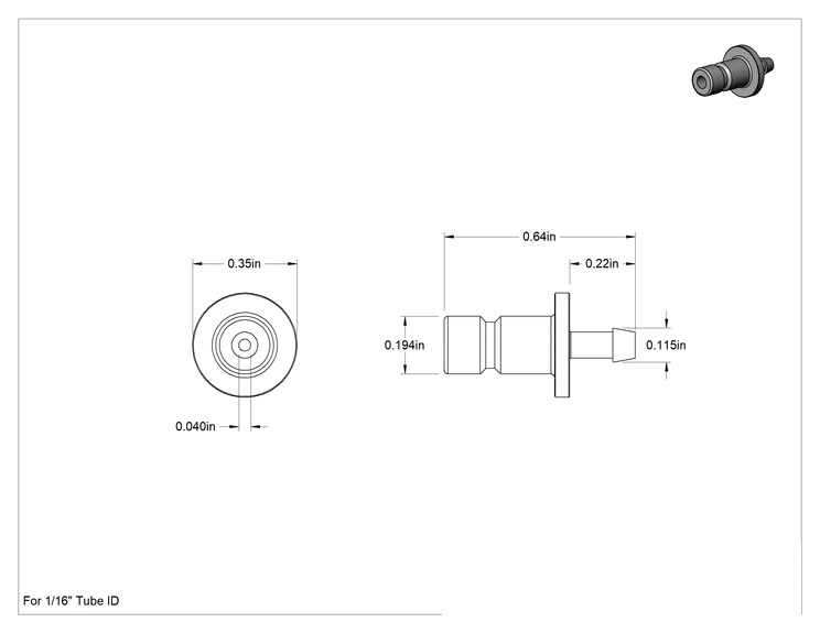 Teknik Çizim - Nikel Kaplı Pirinç Yüksek Basınçlı Hızlı Bağlantı Tüp Bağlantısı, Hava için, Düşük Profilli, 1/16" Tırnaklı Boru İç Çapı için Tıkaç