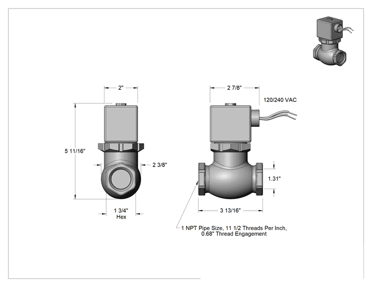 Teknik Çizim - Floroelastomer Contalı Bronz Solenoid Valf, Normalde Kapalı, 120/240V AC, 1 NPT Dişi
