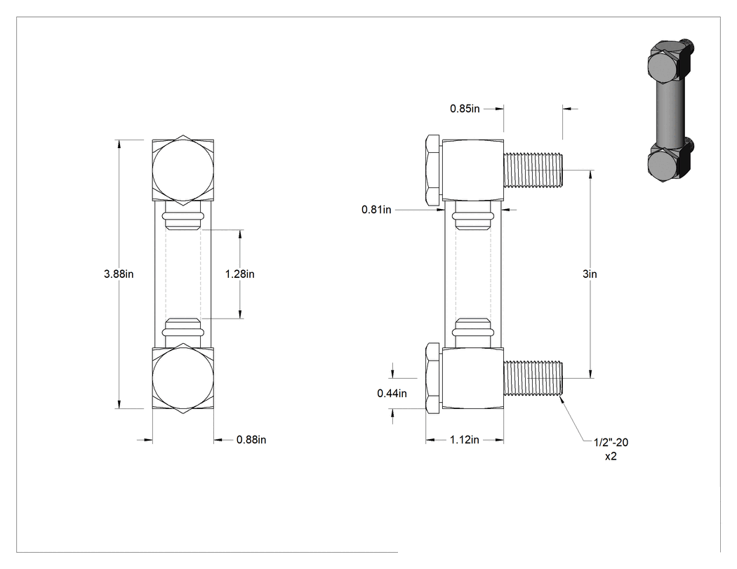 Teknik Çizim - Easy-View Yüksek Basınçlı Yağ Seviyesi Göstergesi, 3" Merkezden Merkeze Bağlantı