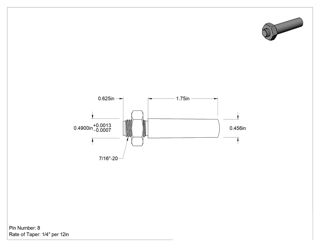 Teknik Çizim - 18-8 Paslanmaz Çelik Dişli Konik Pim, 8 Numaralı Pim, 0.490" Büyük Uç Çapı, 1-3/4" Uzunluk
