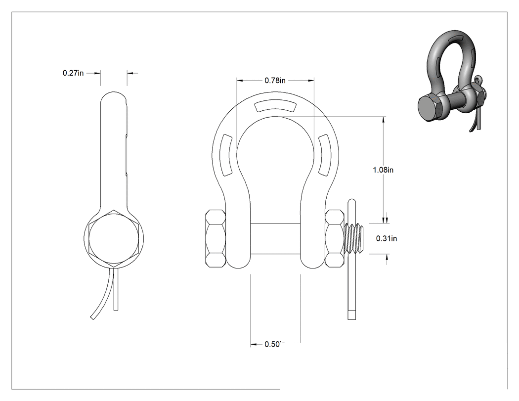 Teknik Çizim - 316 Paslanmaz Çelik Emniyet Pimli Şakel - Kaldırma için, 1/4" Kalınlık
