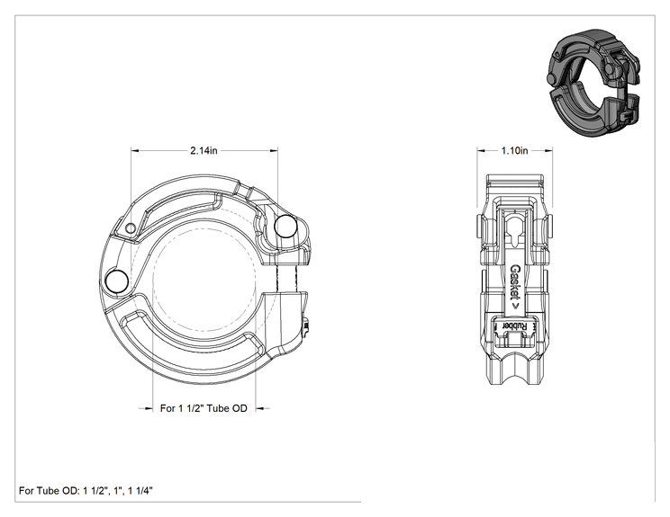 Teknik Çizim - 1" için Kollu ve Delikli Kelepçe, 1.25" ve 1.5" Tüp Dış Çapı Yüksek Parlaklıkta Hızlı Kelepçeli Hijyenik Tüp Bağlantı Parçası