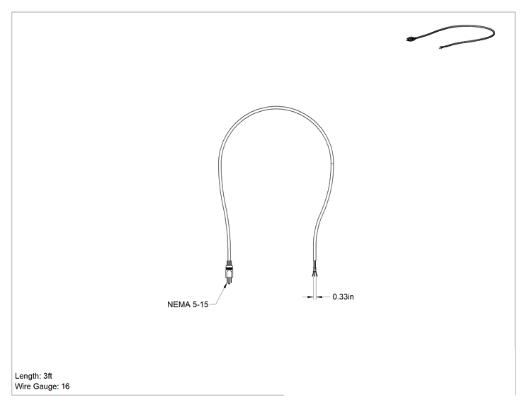 Teknik Çizim - Güç Kablosu, NEMA 5-15 Fiş, 16 AWG, 3 Fit Uzunluk, SJTW