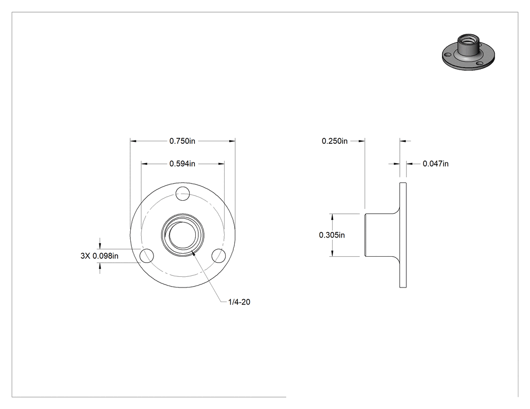 Teknik Çizim - Vidalı Montaj Somunu, Çelik, 1/4"-20 Diş, 0.313" Çap x 1/4" Yükseklik Namlu