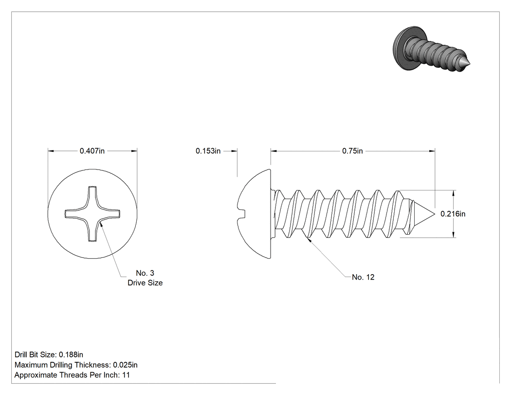 Teknik Çizim - Sac Metal için Dekoratif Yuvarlak Başlı Vidalar, 18-8 Paslanmaz Çelik, 12 Numaralı Boyut, 3/4" Uzunluk