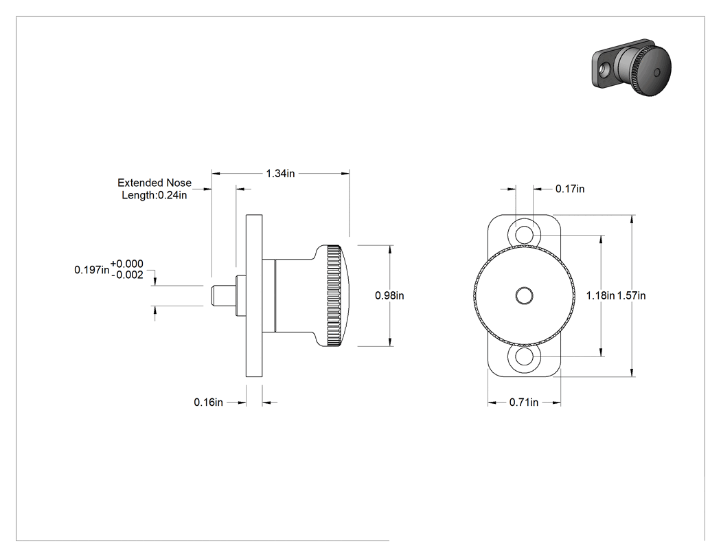 Teknik Çizim - Plaka Montajlı Geri Çekilebilir Yaylı İtici, Bükümlü Kilit, Çinko Plaka ve 0.2" Çaplı Paslanmaz Çelik Burun, 1.34" Uzunluk