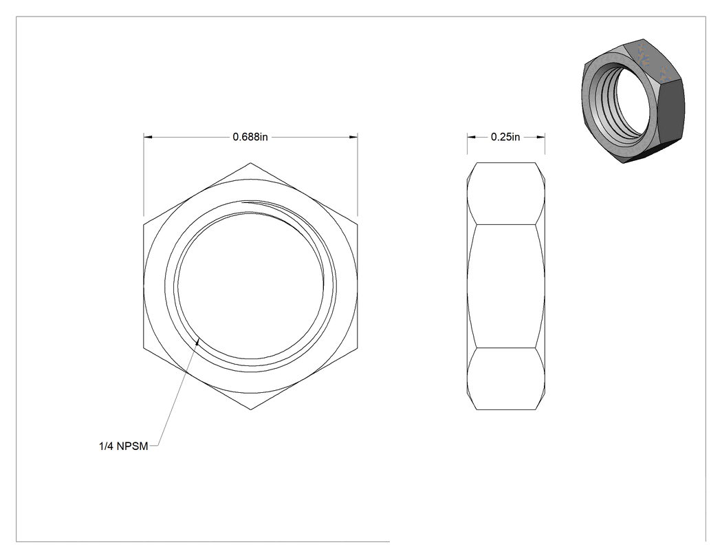 Teknik Çizim - Altıgen Panel Somunu, Siyah Oksit Çelik, 1/4 Boru, NPSM Dişi, 11/16" Genişlik x 1/4" Yükseklik