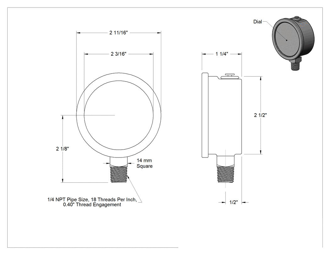 Teknik Çizim - Tek Ölçekli Titreşim ve Paslanma ve Aşınmaya Dayanıklı Gösterge, Bileşik, 2.5" Kadran, 1/4 NPT Erkek Alt Montaj, 0-100 PSI