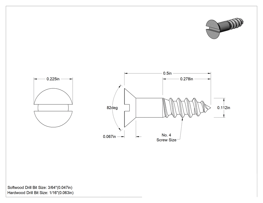 Teknik Çizim - 18-8 Paslanmaz Çelik Ahşap için Yivli Havşa Başlı Vidalar, 4 Numara Boyut, 1/2" Uzunluk
