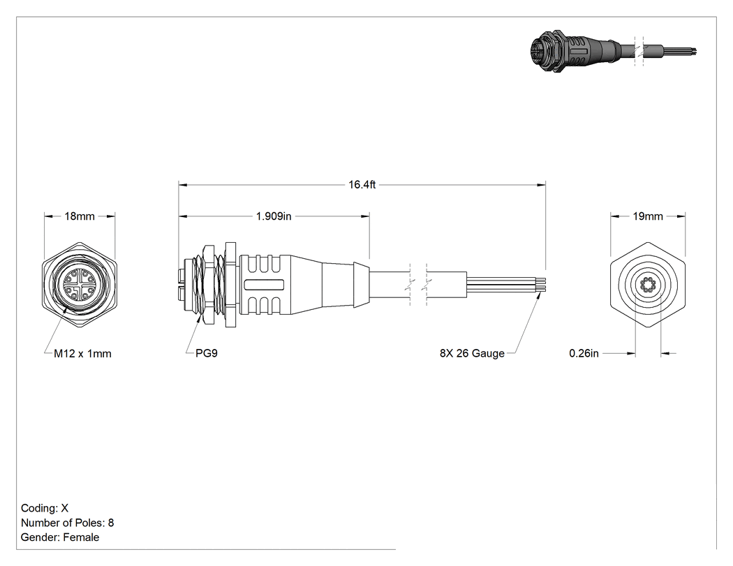 Teknik Çizim - Vidalı M12 Islak Ortam Kablosu, x-Code Soket, 16 Fit Uzunlukta Kablo Uçları