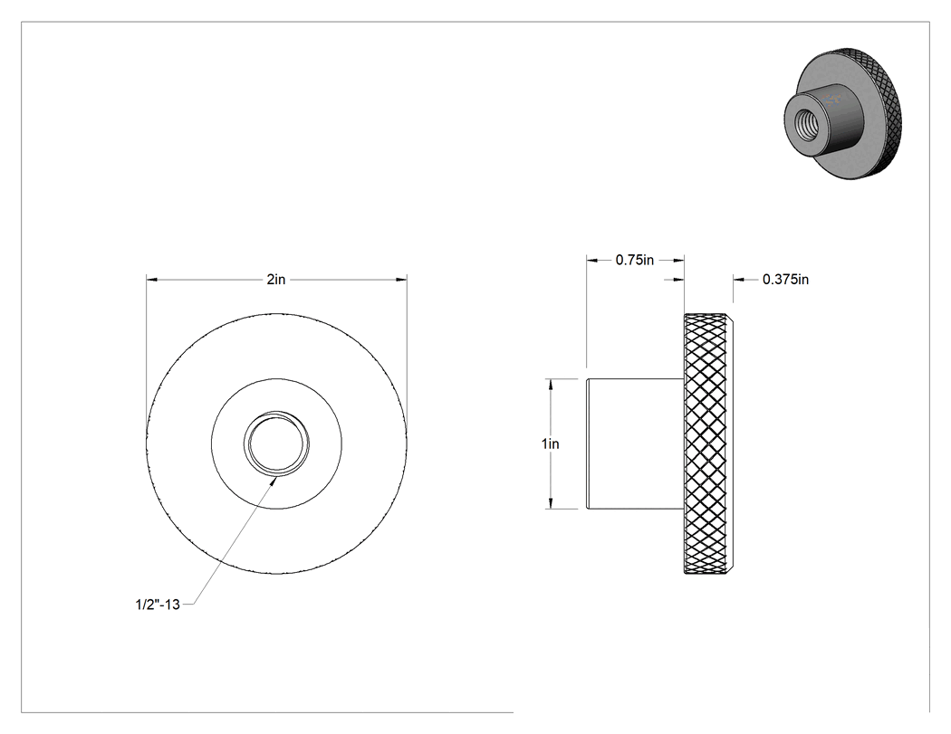 Teknik Çizim - Siyah Oksit Çelik Tırtıllı Tutma Düğmesi, 1/2"-13 Dişli Delikli, 2" Baş Çapı