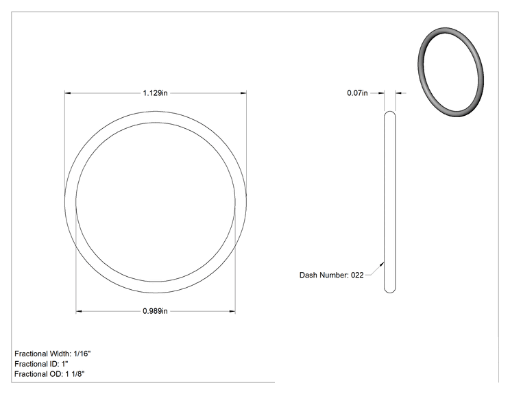 Teknik Çizim - Kolay Takılan Yağa Dayanıklı Buna-N O-Ringler, PTFE Kaplı, 1/16 Kesirli Genişlik, Dash Numarası 022