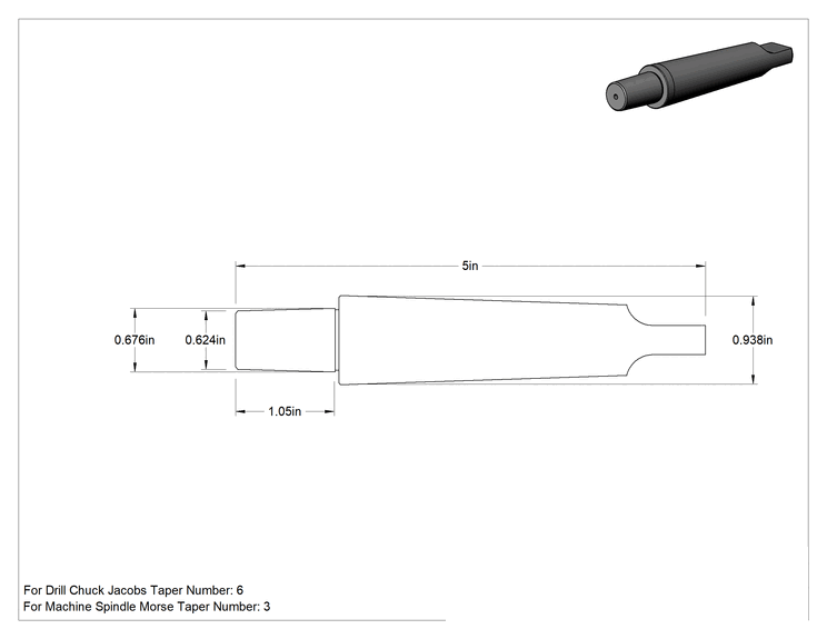 Teknik Çizim - Matkap Mandreni, 3 Numaralı Morse x 6 Numaralı Jacobs için, 5" Toplam Uzunluk