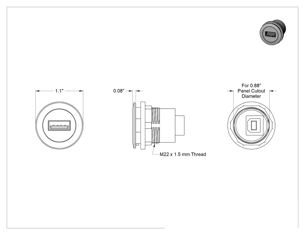 Teknik Çizim - Panele Monte 2.0 USB Adaptörü, A Dişi x B Dişi, Gümüş