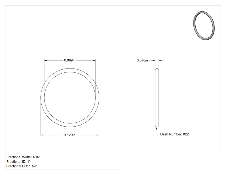 Teknik Çizim - Yüksek Sıcaklık Silikon O-Ring, 1/16 Kesirli Genişlik, Dash Numarası 022
