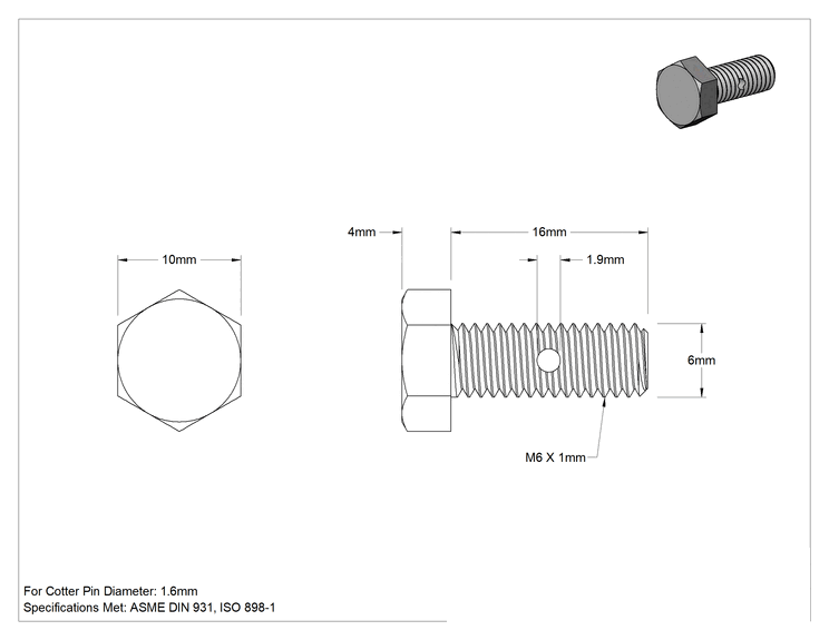 Teknik Çizim - Çinko Kaplı Sınıf 8.8 Çelik Altıköşe Başlı Vida, Kopilyalı Kilitlenebilir, M6 x 1 mm Diş Boyutu, 16 mm Uzunluk