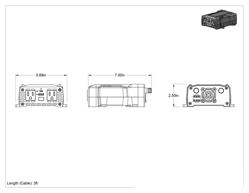 Teknik Çizim - DC-AC İnvertör Kabloları, 2 Çıkış, 1 USB-A ve 1 USB-C Bağlantı Noktası