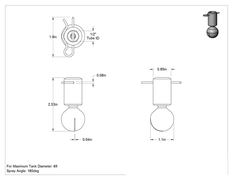 Teknik Çizim - 316 Paslanmaz Çelik Dönen Tank Yıkama Nozulu, Pim Bağlantılı, 20 PSI'da 7 gpm Akış Hızı
