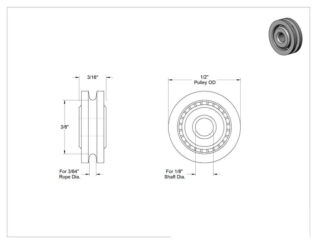 Teknik Çizim - Tel Halat için Kasnak, Yatay Çekme için, Rulmanlı, 3/64" Çap için, 1/2" Dış Çap