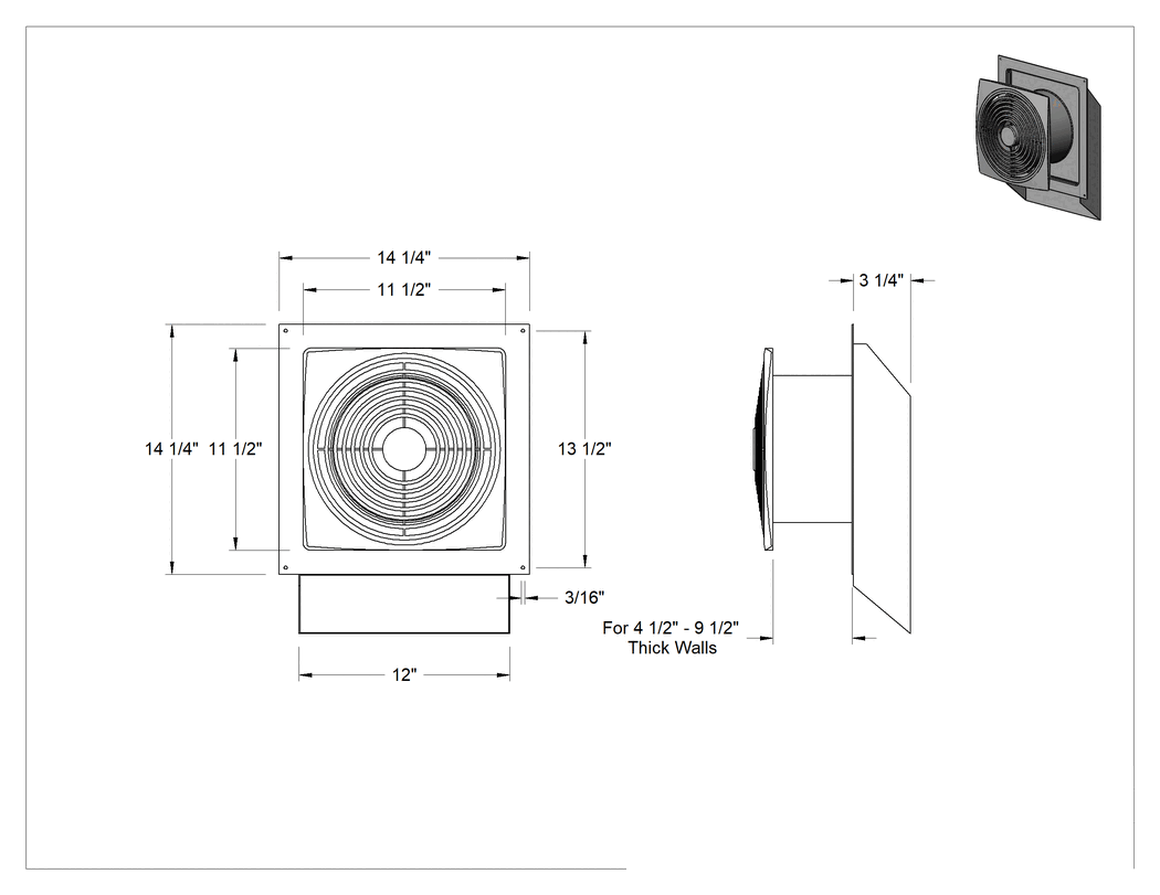 Teknik Çizim - Dış Duvara Monte Lavabo Havalandırma Fanı, 200 CFM Hava Akışı