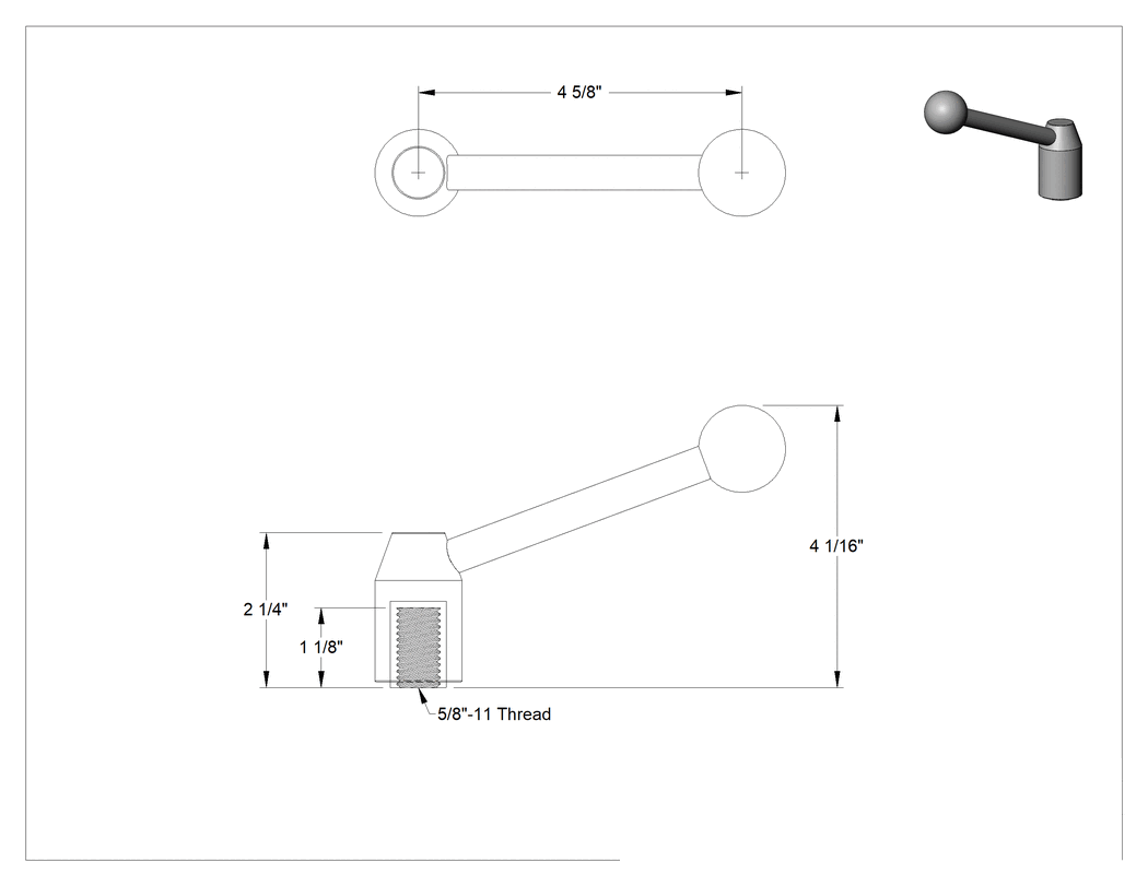 Teknik Çizim - Çelik Ayarlanabilir Tutamak, 5/8"-11 Dişli Delikli, 4-1/16" Çıkıntı