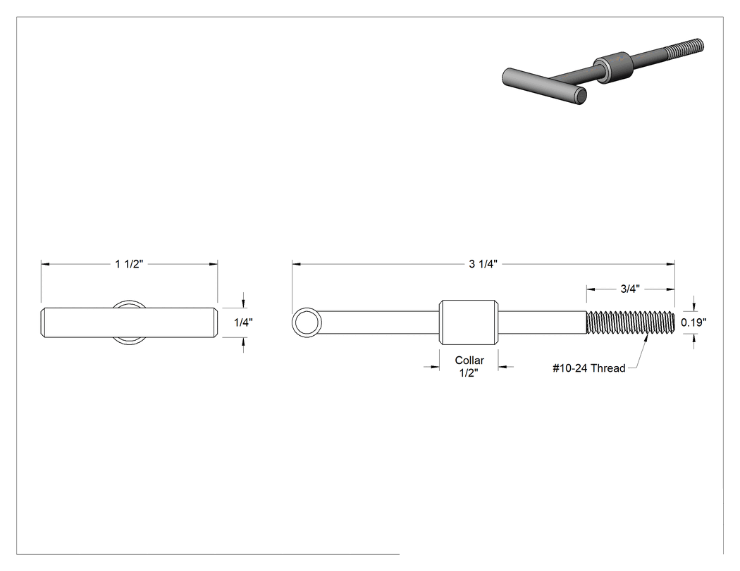 Teknik Çizim - Yakalı T-Cıvatalar, 10-24 Diş Boyutu, 3-1/4" Uzunluk