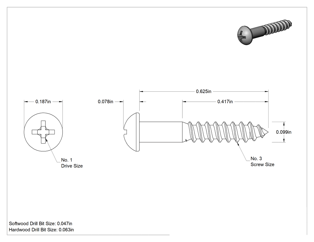 Teknik Çizim - Pirinç Phillips Dekoratif Yuvarlak Başlı Vidalar, Ahşap için, 3 Boyutu, 5/8" Uzunluk