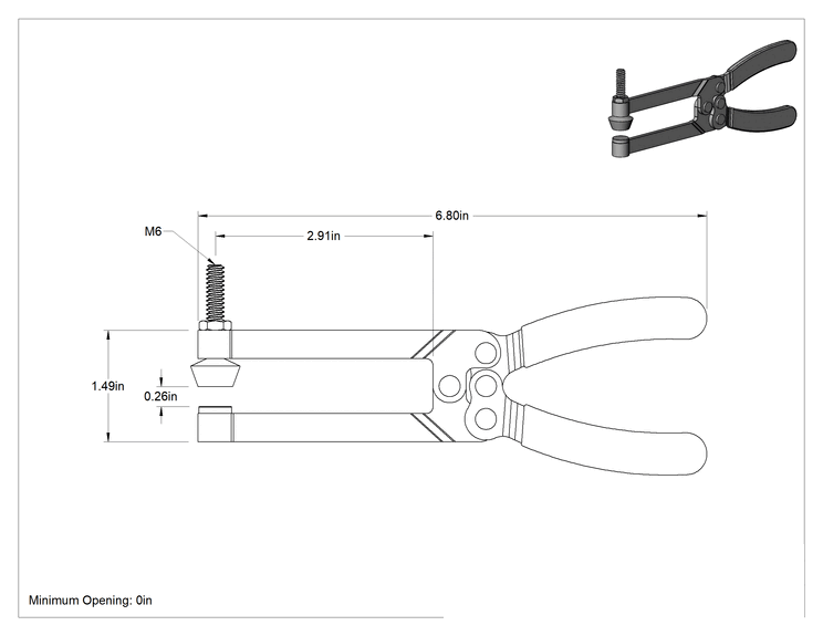 Teknik Çizim - Pense Tipi Mandal Kelepçesi, 0" - 1/4" Açıklık, 3" Uzanma Mesafesi